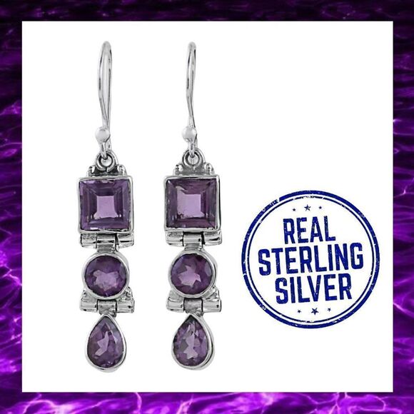 Three Stone Faceted Amethyst 925 Sterling SIlver Dangle Earrings - Picture 1 of 15